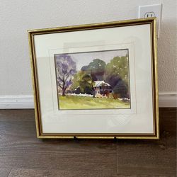 Framed Watercolor Landscape with Trees and Cottage - Green, Purple, Brown