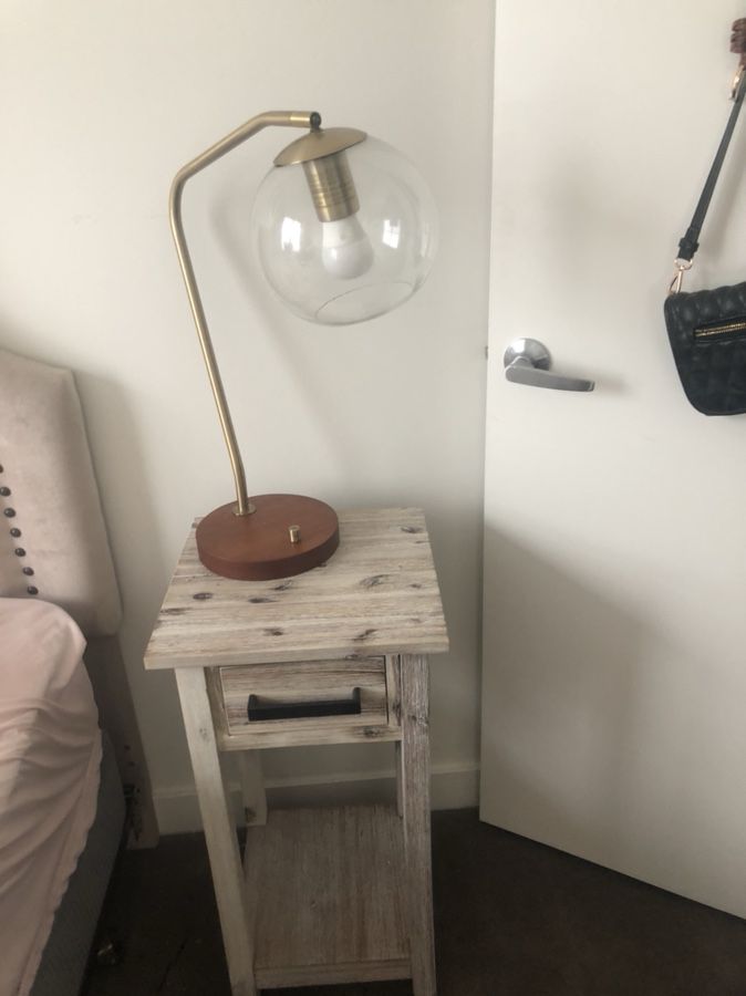 Rustic wood tan on the small side end table with black handled drawer!