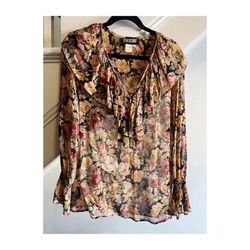 90’s Sheer Autumn Grunge Floral Ruffle Blouse 🍂 