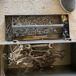 Assorted Wrenches ,Screws And Tool Box. 