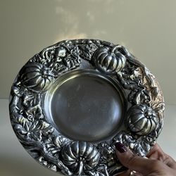 Vintage Fabulous Pewter Ware High Relief Embossed Pumpkin Plate / Holder