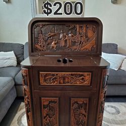BEAUTIFUL ANTIQUE George Zee Mid Century Asian Hand Carved Teak Dry Bar Cabinet