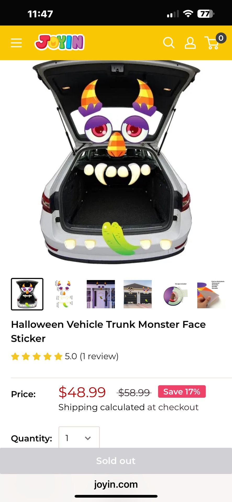 NEW PVC JOYIN Halloween Vehicle Trunk Monster Face Sticker