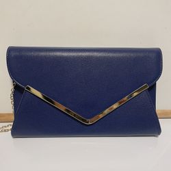 Neiman Marcus Blue Leather envelope clutch bag with gold chain