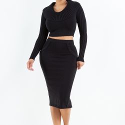 Black Shoulder Knit Skirt Set