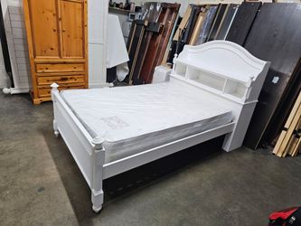 Full White Wood Bed Frame with Bookcase Headboard
