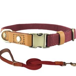 Delicate Canvas Dog Collar and Leash Set with Leather Trim. Quick Release Metal Buckle Red Large 