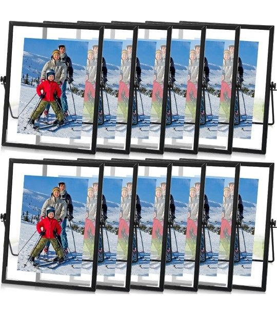 11 Pack 4 x 6 Inches Floating Frame Glass Photo Frame Collection Vintage Metal Minimal Ornate Easel for Pictures Photos Desk Tabletop Display
