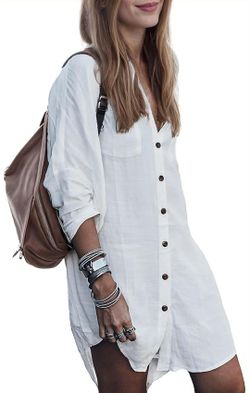 Women’s White Beach Cover Up – Button Down Shirt Dress – Sizes S, M & L