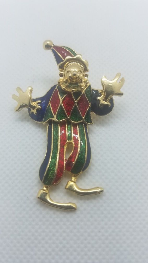 Vintage Clown Brooch - Enamel Gold Tone Costume Jewelry