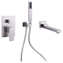 7589: New Wall Mounted Bathtub Faucet with Handheld Shower, Solid Brass 180° Swivel Bathroom Tub Filler Faucet with Hand Shower Modern Single Handle 