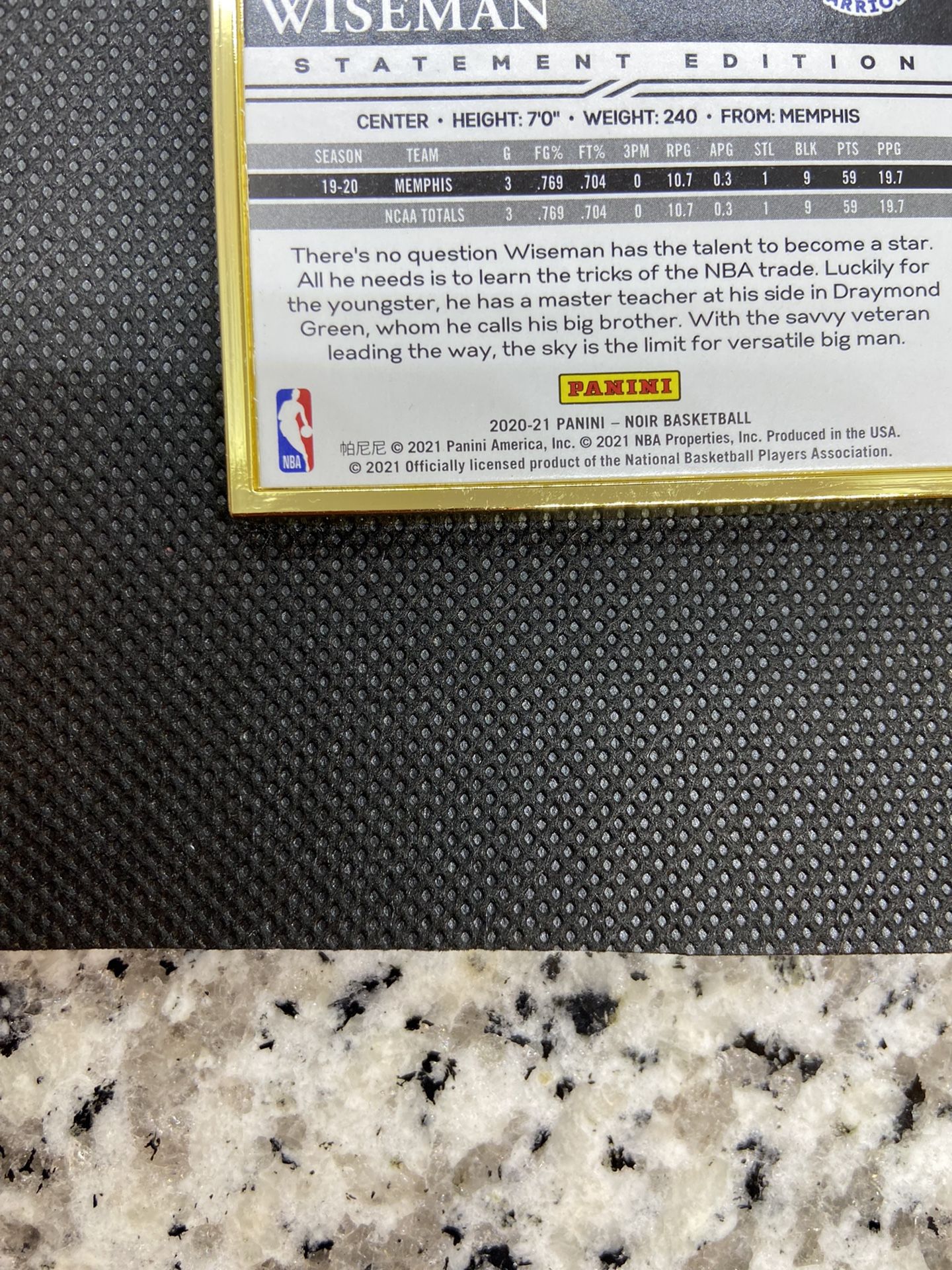 2021 Panini Noir James Wiseman RC FOTL #’d /11