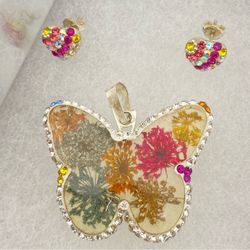 Sterling Silver Real Pressed Flowers Butterfly Pendent and Stud Earrings Set