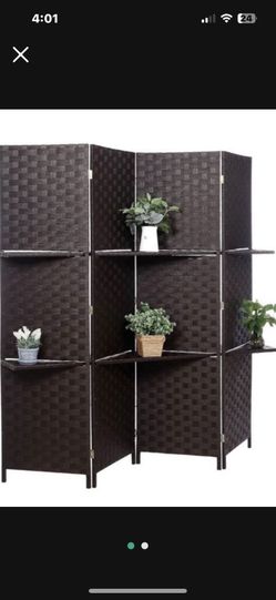 HOMCOM Decorative Hand Woven Bamboo 4-Panel Room Divider with 2 Tier Removable Display Shelves - Black - NEW