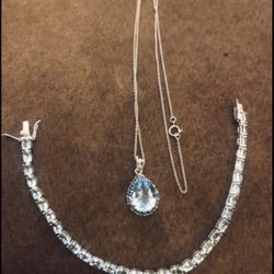 Beautiful Sterling Silver 925 Blue Topaz/Aqua Marine 8” Bracelet & 18” Necklace