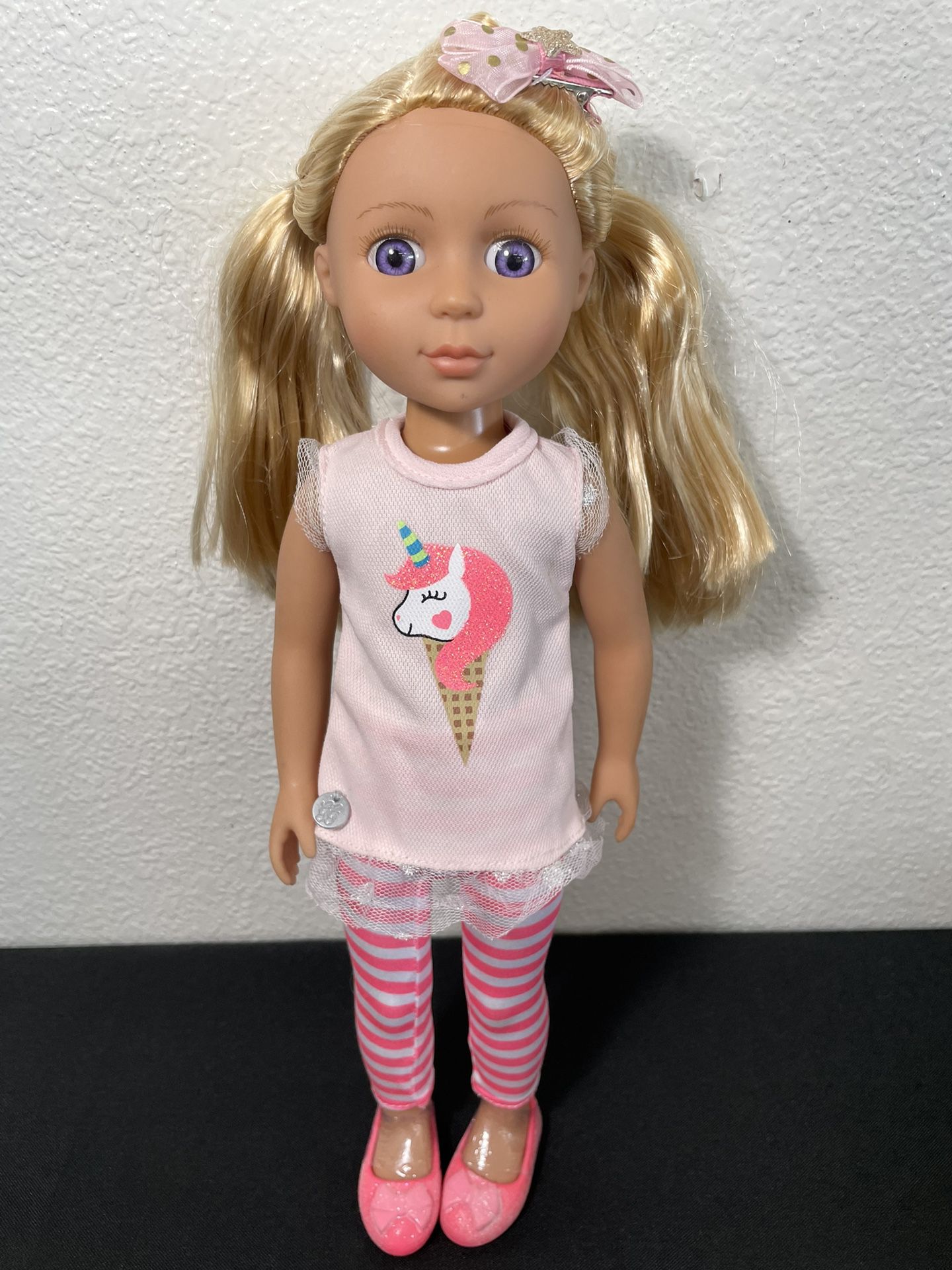 Glitter Girls Lacy 14 Inch Doll Wearing Pink Tunic, Striped Leggings, Hair Bow
