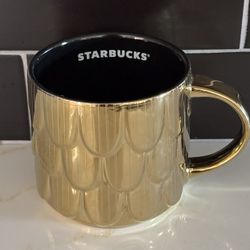 STARBUCKS Gold Holiday Mug Ceramic Mermaid Scales Scalloped  14 fl oz