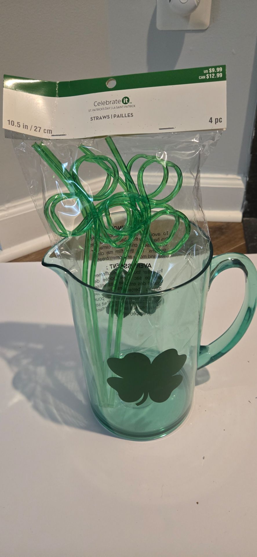 St. Patrick's day crazy straws and plastic 1 gallon pitcher
