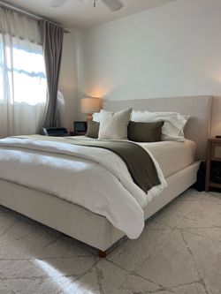 Living Spaces Linen Upholstered Queen Bed & Box Spring