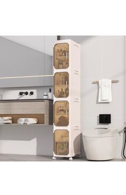 4 Tier Slim Bathroom Storage Cabinet, Foldable and Movable, Beige