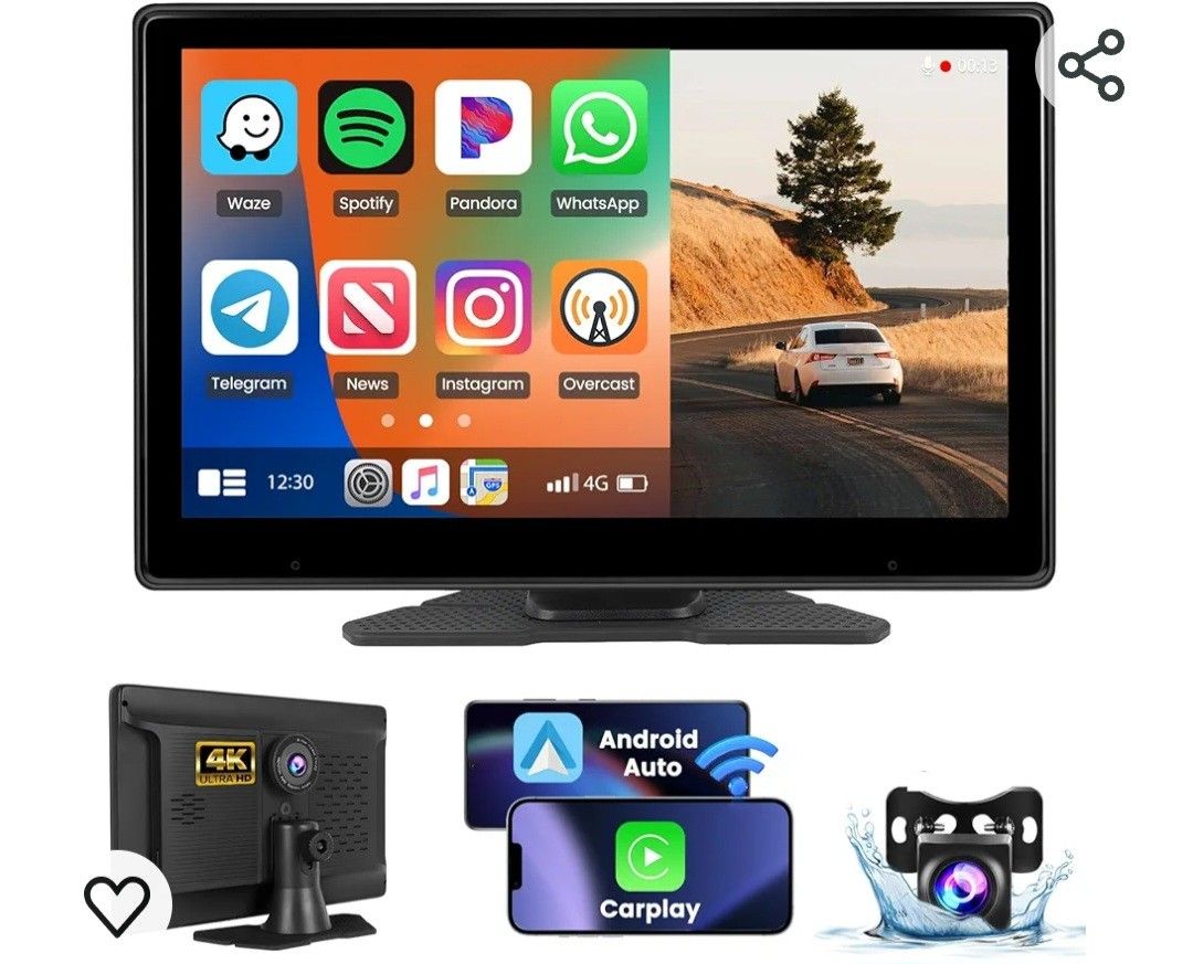 10.1 Inch Portable Apple Carplay with 4K Dash Cam Car Radio, Wireless Android Auto IPS Touchscreen with ADAS WiFi Video Mirror Link Bluetooth Backup C