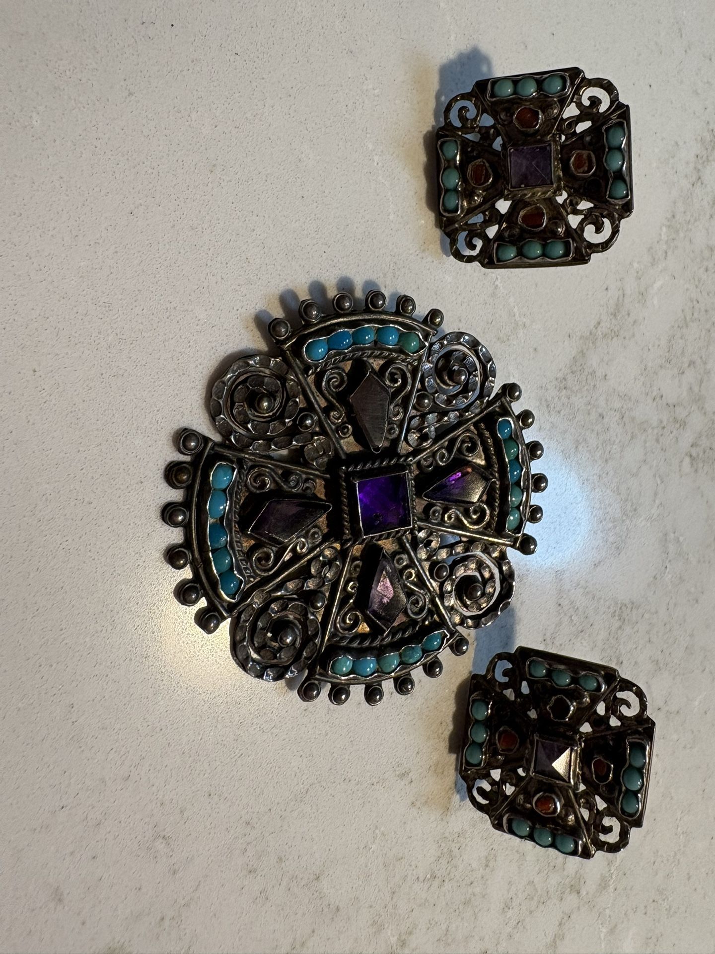 Amethyst and turquoise pin/ pendant and matching earrings. 