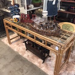 Vintage Bamboo Console Table Glass Top