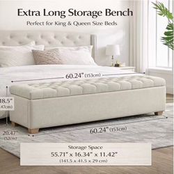 60” Extra Long Storage Bench – Upholstered Bedroom Bench with Hidden Storage