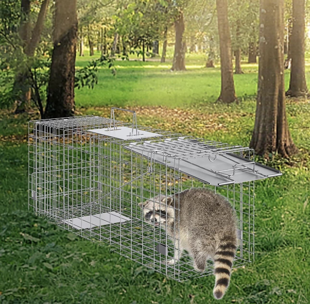 VEVOR Live Animal Cage Trap, 31" x 10" x 12" Humane Cat Trap Galvanized Iron, Folding Animal Trap with Handle for Rabbits, Stray Cats, Squirrels, Racc