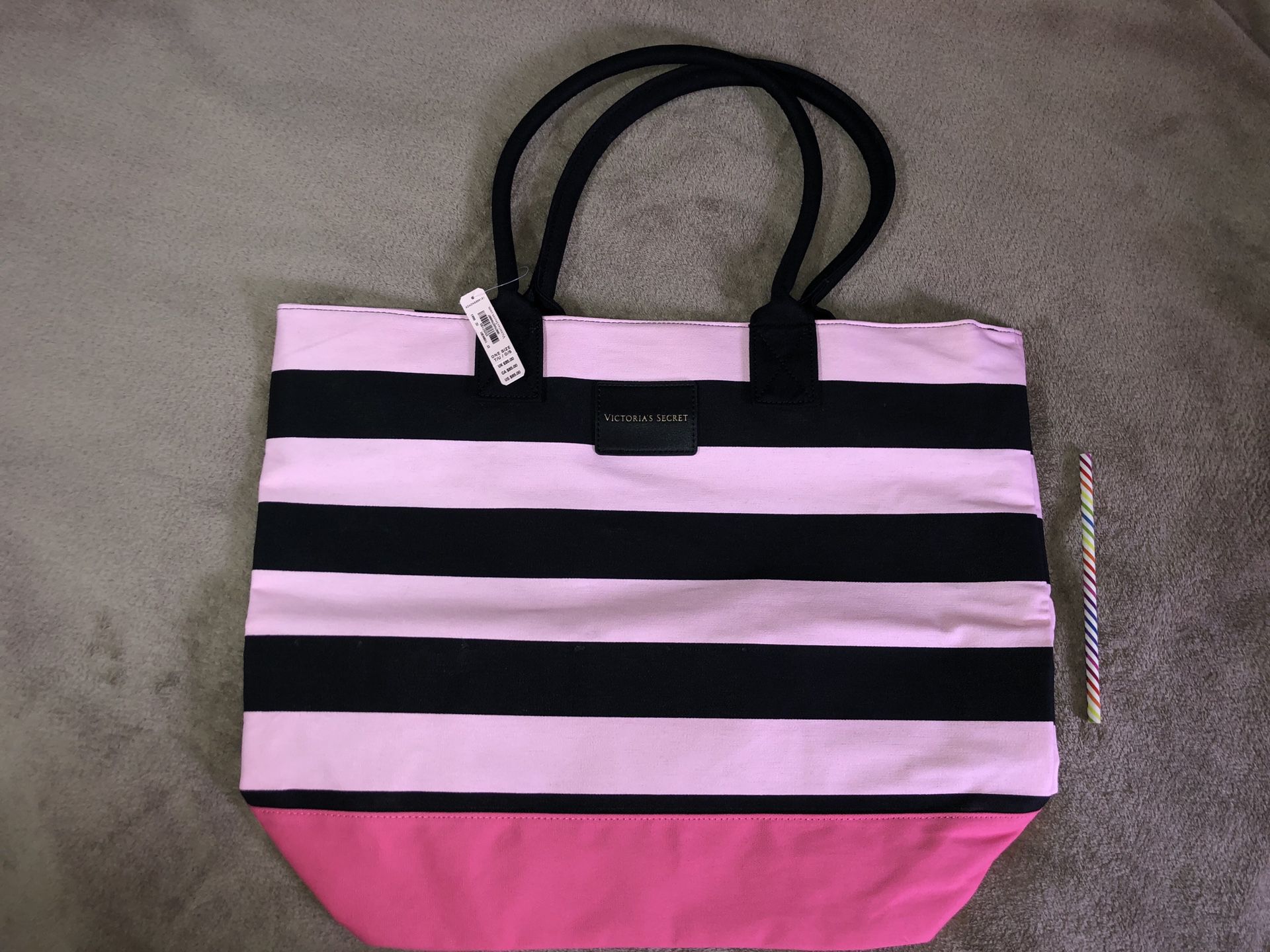 NEW!! Victoria’s Secret large tote Pink black stripped
