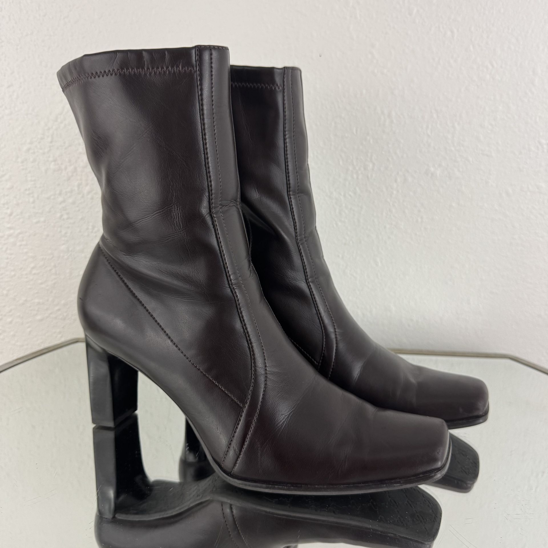 FRANCO SARTO 90s Dark Brown Faux Leather Square Toe Grunge Fall Ankle Boots