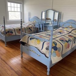 2 matching Twin Bed Frames, Blue cottage style wooden Bed Frames, with painted yellow flowers