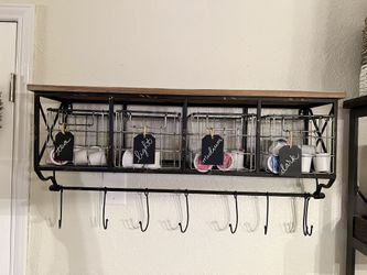 Wall Shelf w/Metal Baskets & Hooks