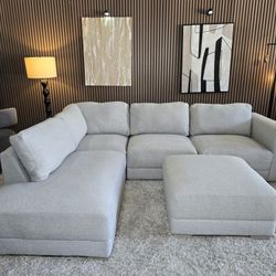 Modern 3 Piece Drayden Fabric Sectional with Ottoman Light Gray