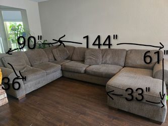 Large Brown Fabric Sectional Sofa with Chaise