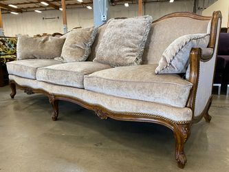 Vintage Provincial Beige Chenille Sofa with Carved Wood Details