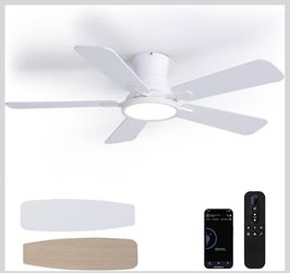 SILJOY 44 Inch White Flush Mount Ceiling Fan with LED Light Dual Blades Change(5 Blades)For Indoor