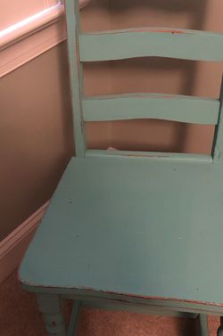 Aqua Wood Chair. Seat 16 inches Wide by 14 inches Deep Back 18 inches Tall Seat 18 inches from floor