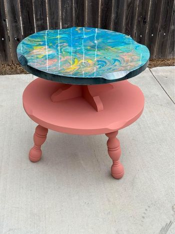 Very cute round two tier multicolor epoxy top side end accent table 24”H x 23.5”