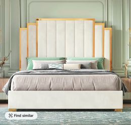 Upholstered Bed Frame with Gold Headboard queen