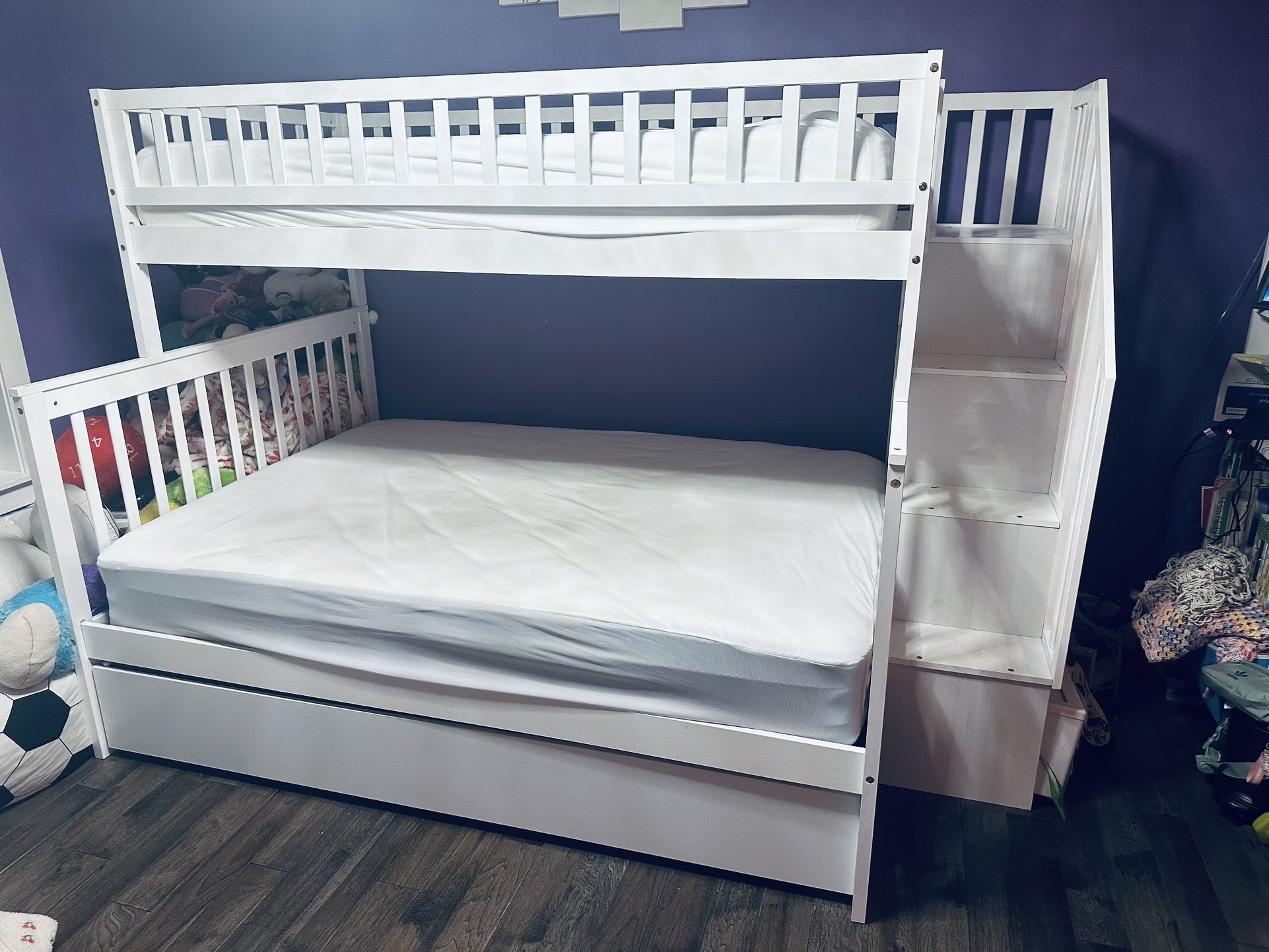 White Twin over Full Bunk Bed with Trundle and Staircase