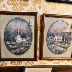 Pair of vintage oval Church prints by F Buckley 15.5 x 12 3/8 in