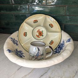 Vintage Pottery Lot – English Wash Basin, Danish Serving Dish, Pheasant Mug