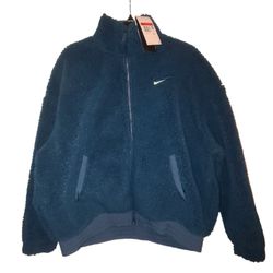 Nike Sportswear Swoosh Plush Jacket Full Zip Outerwear Blue Teddy Sherpa Women's Size L