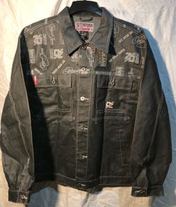 OZOC Jean Co Mens XL Black Denim Jacket Y2K Hip Hop Graphic Trucker Rare