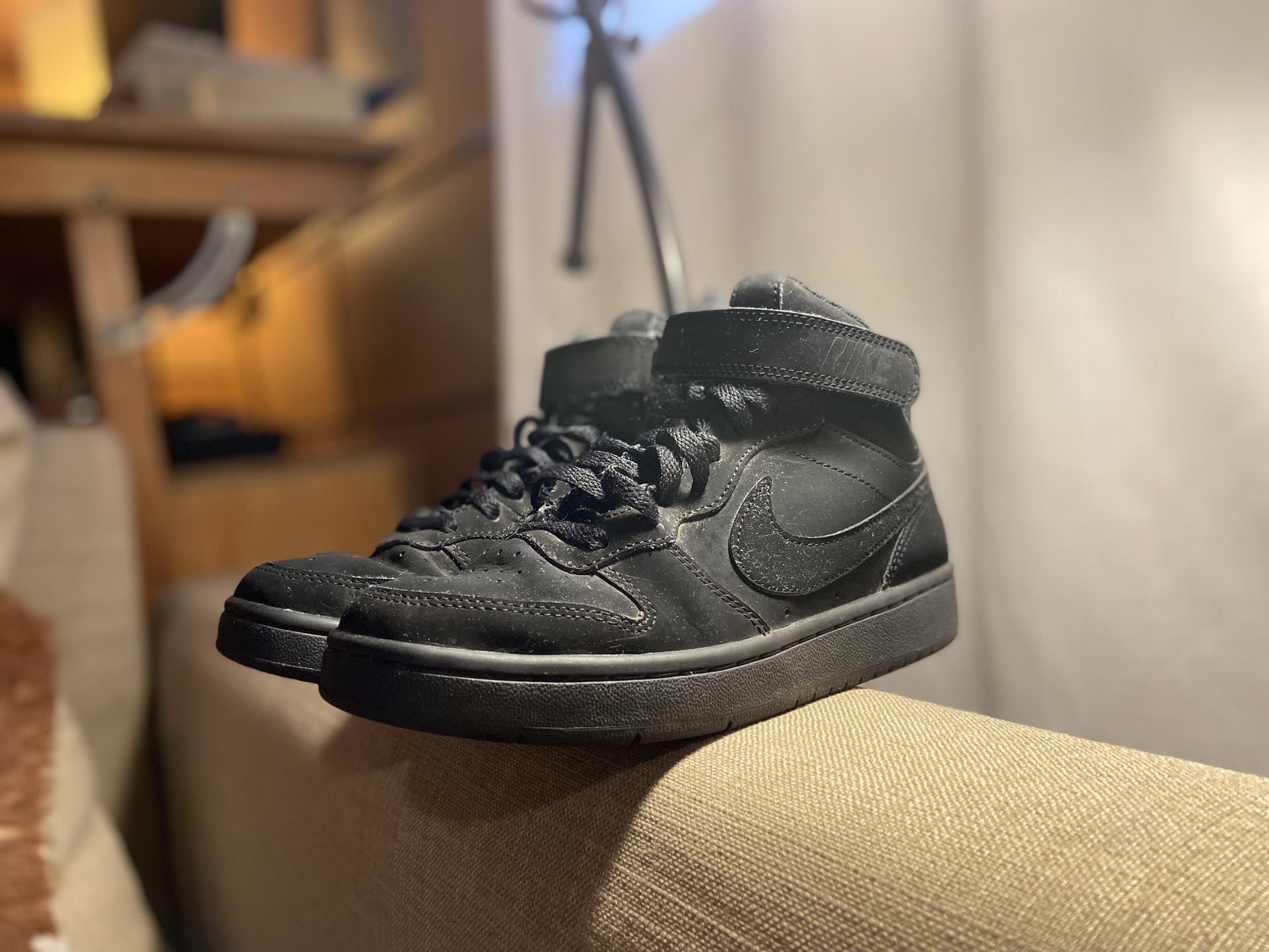 Black Jordan style basketball shoes sort of silky