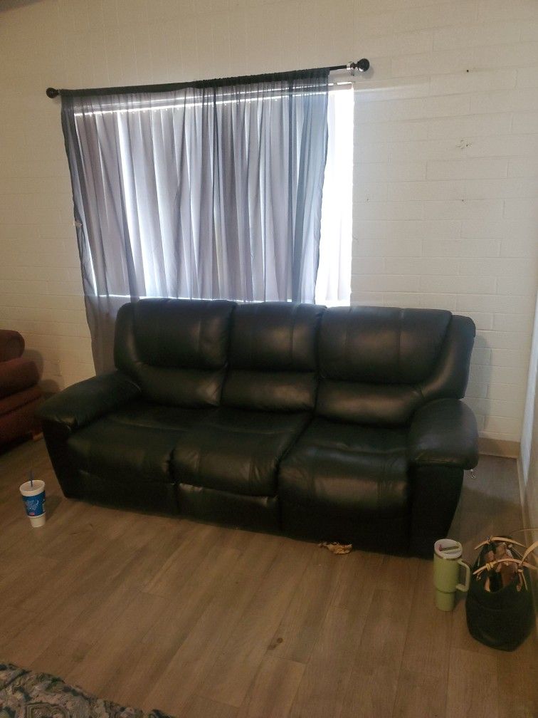 Black Vinyl Recliner ON BOTH Ends - 3 Piece Maroon Sectional Couch