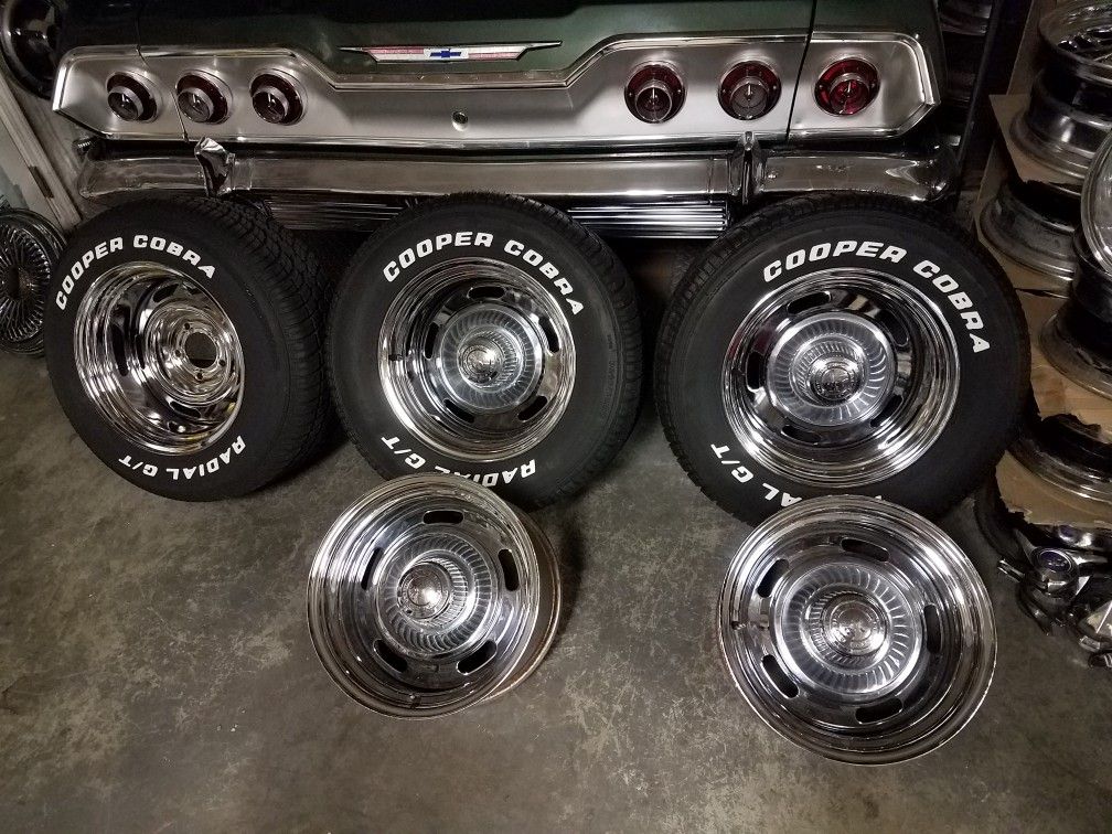 Rally rims 15x10 & 15x8 cooper cobra tires 295/50/15 & 245/60/15 like new GM Chevrolet rally knockoff cap 5 lug Chevy Nova Chevelle Camaro el camino