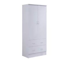 Two Door Wardrobe with Two Drawers and Hanging Rod, White