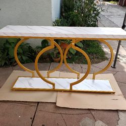 Gold Console Table, 55 inch Modern Entryway Table with Geometric Metal Frame, Faux Marble Narrow
